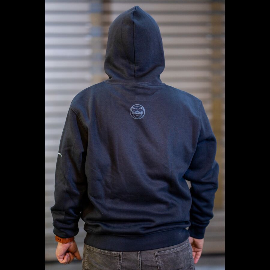 MELKUS-Hoodie in Rückenansicht dunkelblau mit MELKUS-Logo